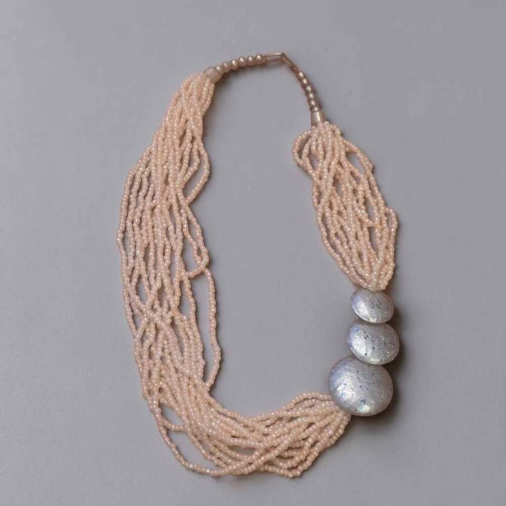 Multi-Strand Peach Seed Bead Necklace with Silver Accents